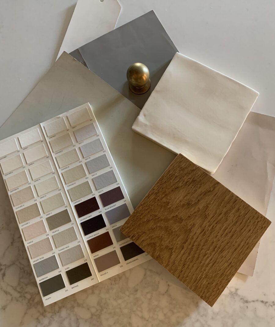 A flat lay of colour inspiration show some of the best colours for country house kitchens